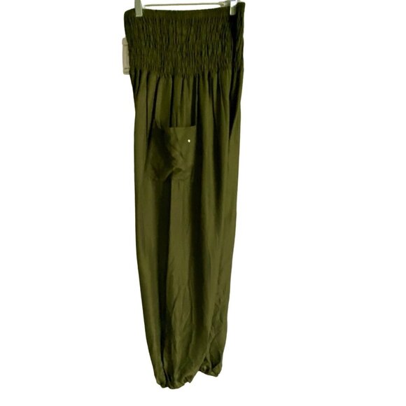 Boho Pants Green Smocked Waist Harem Pants With Pockets Women's Medium NEW NWT - Picture 3 of 7